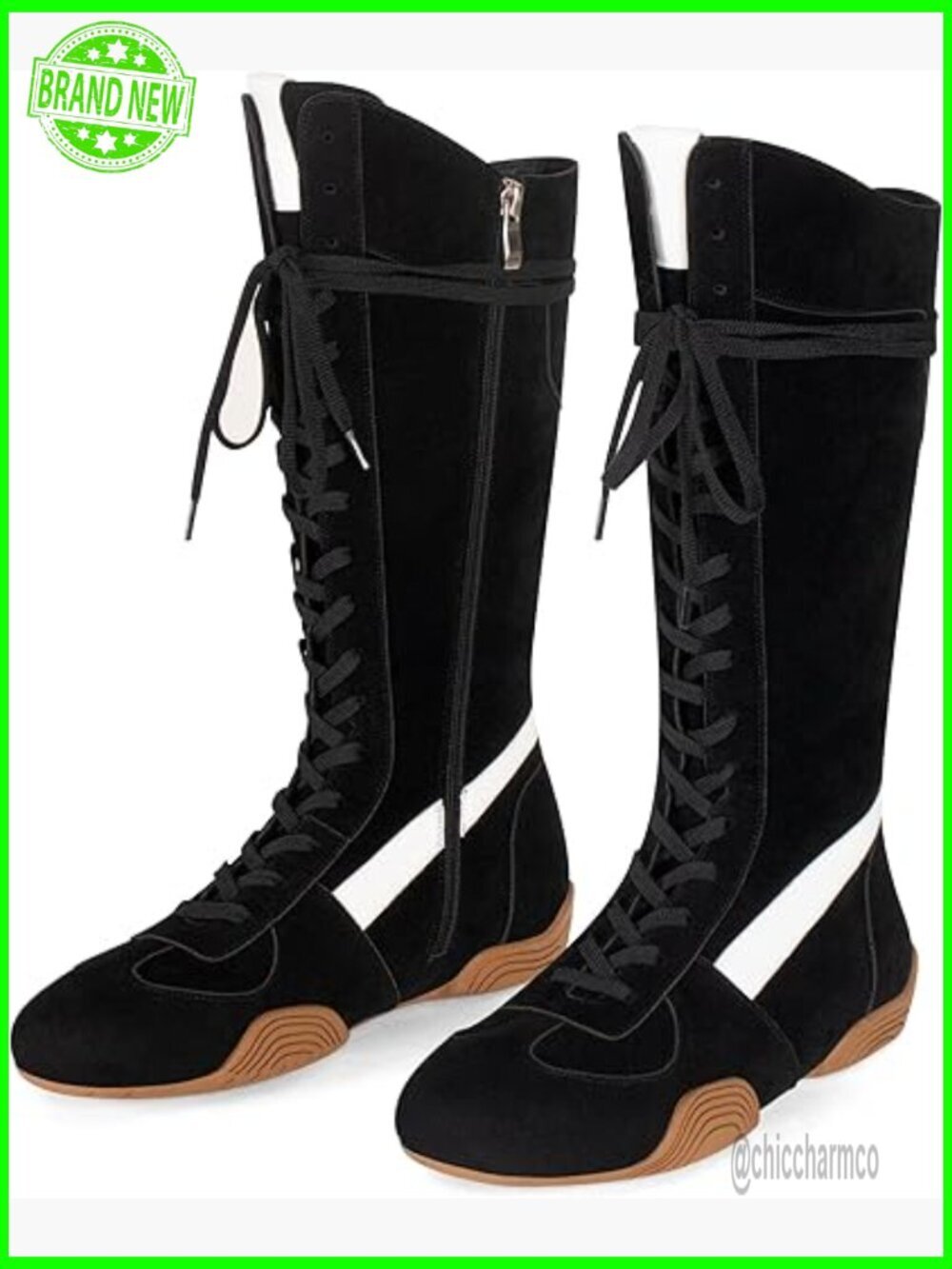 Suede Lace Up Knee High Boxing Boots with Side Zipper Non-Slip Sole